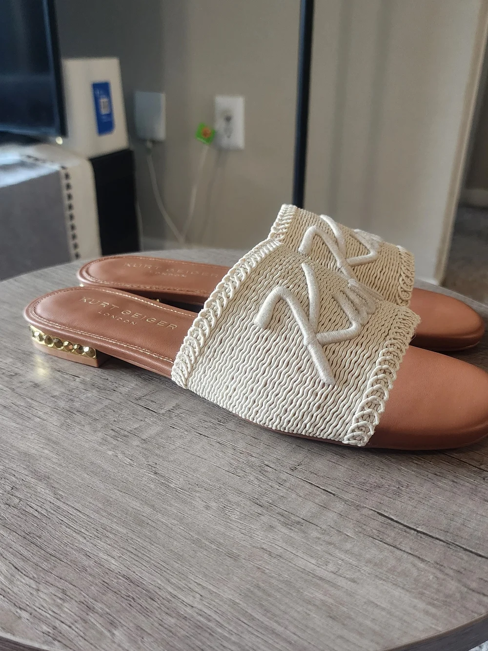 Kurt Geiger Beige Raffia Slide Sandals